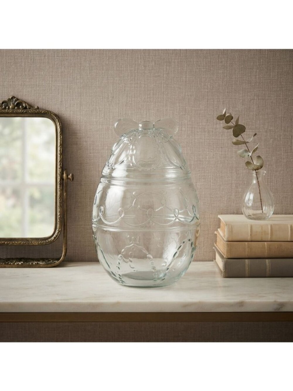 Vintage Clear Glass Easter Egg Candy Jar Container with Bow Lid 8" tall